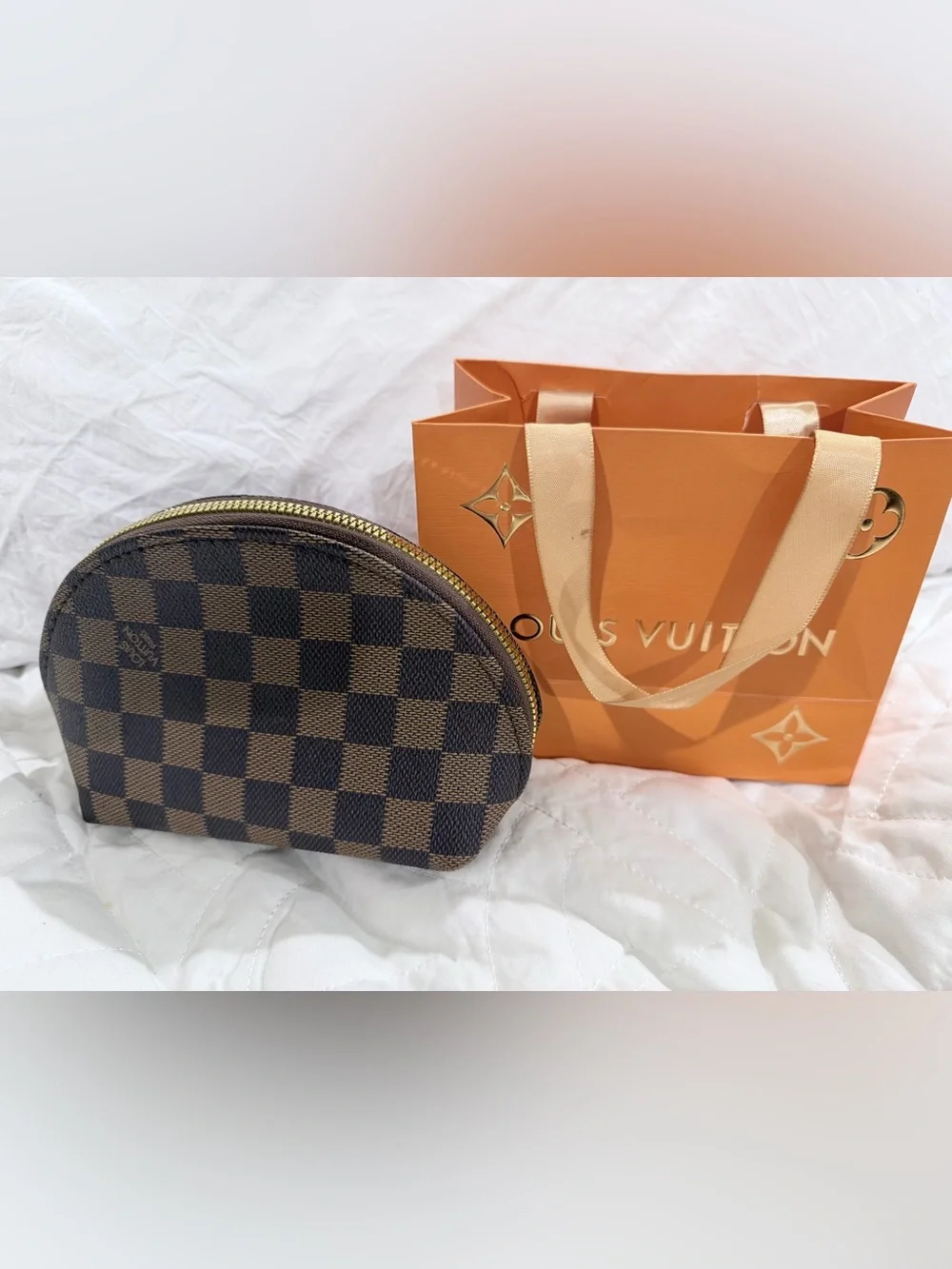 Designer-Inspired Brown Check Cosmetic Pouch with Gold Zipper
